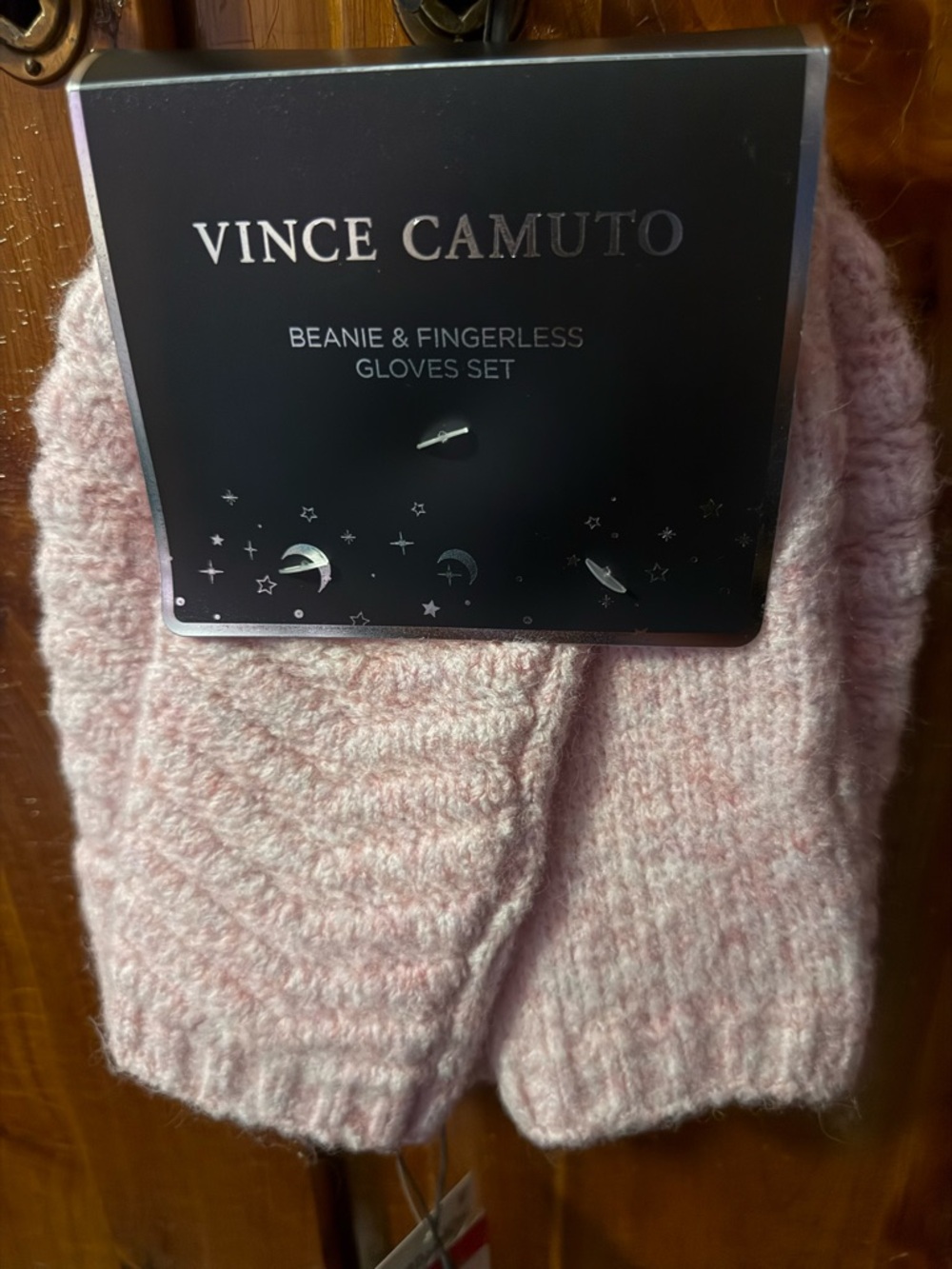 Vince Camuto Light Pink Knit Beanie and Fingerless Gloves Set